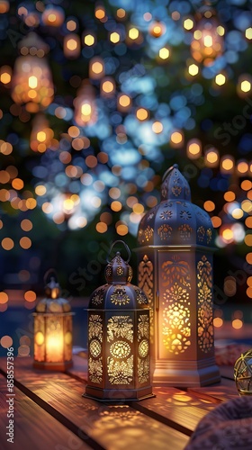 Arabic lantern, burning candles, dates and misbaha on mirror surface against blurred lights. AI generated illustration © mooncux