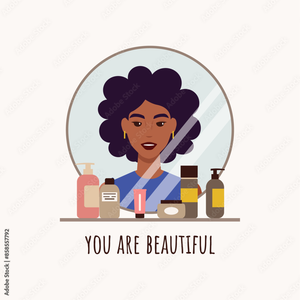 Young woman with dark skin looking in a mirror. Inclusivity and diversity illustration concept. Skincare and bodycare collection Young woman with dark skin looking in a mirror. Inclusivity and diversity illustration concept. Skincare and bodycare collection