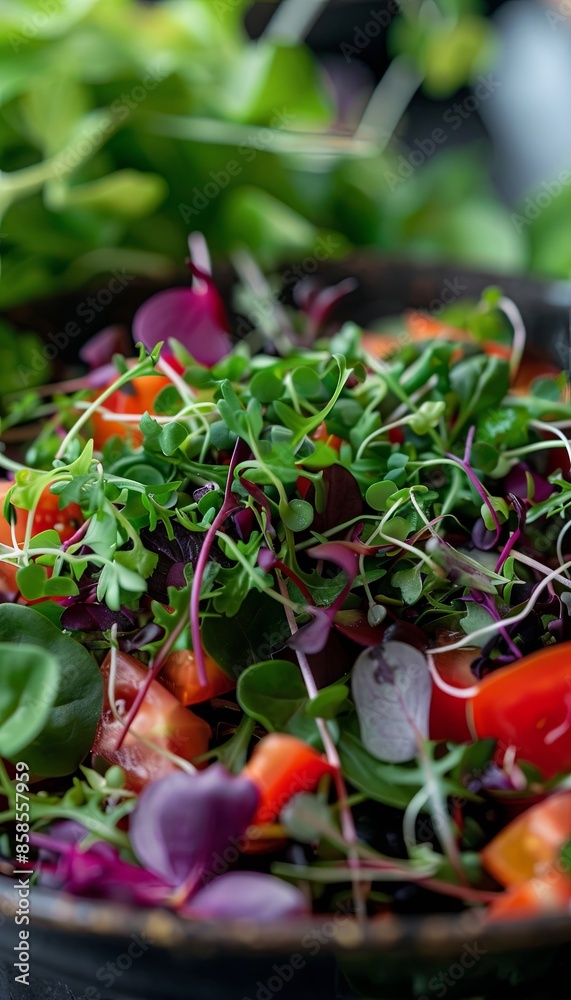 A close-up shot of a fresh salad featuring a mix of green, red, and purple microgreens. The salad is bursting with color and texture. Generative AI A close-up shot of a fresh salad featuring a mix of green, red, and purple microgreens. The salad is bursting with color and texture. Generative AI