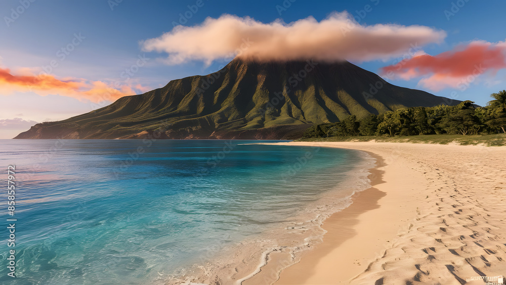Cinematic Hawaii Beach with Green Mountain and Blue Ocean background Cinematic Hawaii Beach with Green Mountain and Blue Ocean background