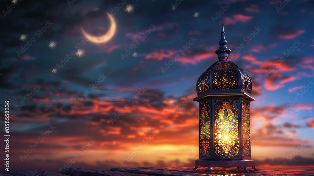 Ramadan Kareem - Moon And Arabian Lantern With Blue Sky At Night With Abstract Defocused Lights - Eid Ul Fitr. AI generated illustration
