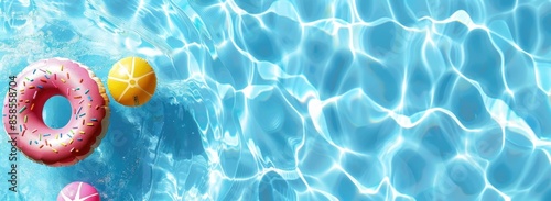 Top view of a swimming pool with two inflatable toys, a donut and beach ball, floating on the water surface with a summer background banner for advertising copy space Generative AI