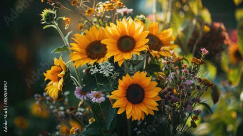 Artistic blending of sunflowers and wildflowers with intentional rustic touch