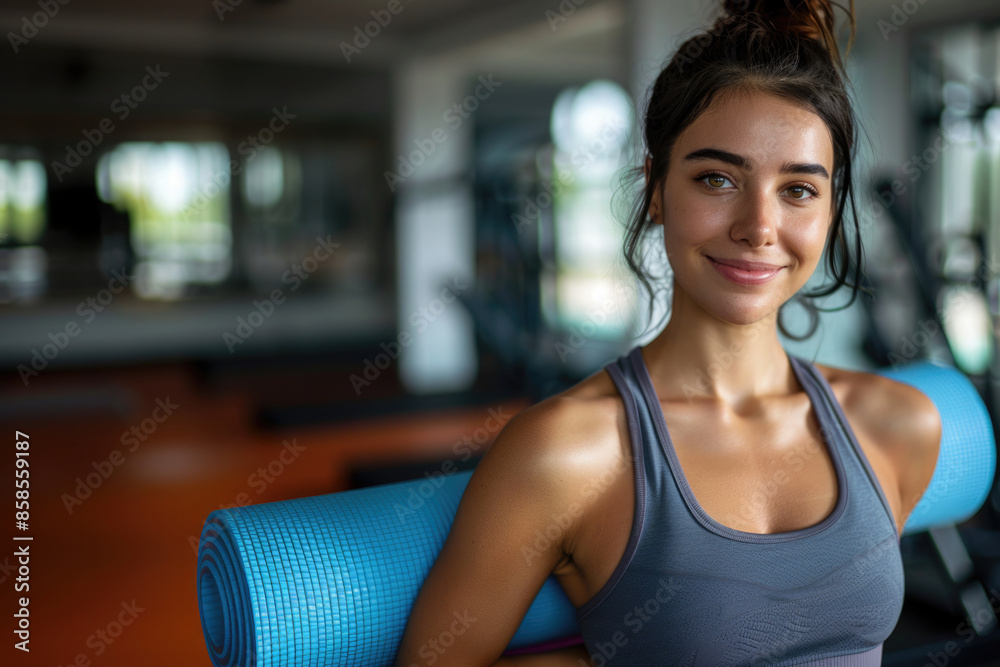 Beautiful latin american woman with yoga mat ready for class at gym. Beautiful latin american woman with yoga mat ready for class at gym.