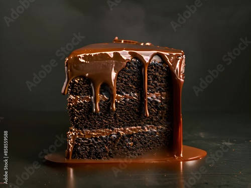 Chocolate spongy brownie cakes with walnuts and melted chocolate topping on a stack