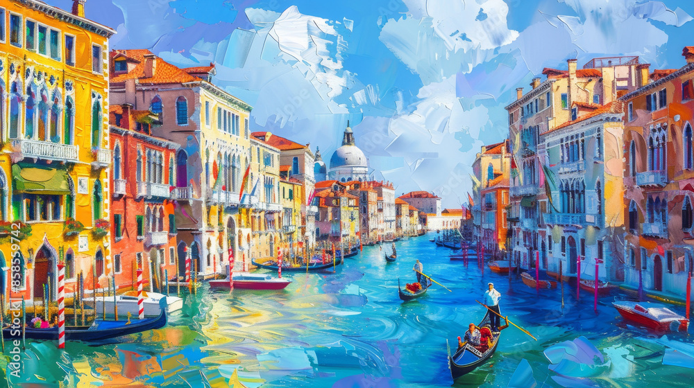 Naklejka premium oil painting of venice with gondolas on the canals, colorful buildings, sky blue and yellow color palette, high resolution, highly detailed
