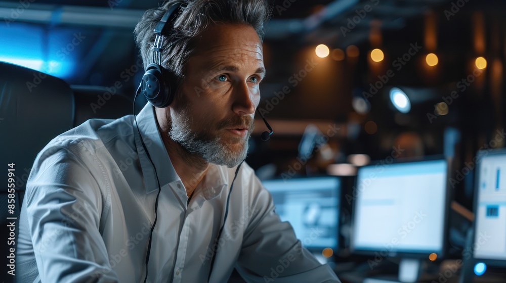 Professional Call Center Agent: Middle Aged Man Focused on Computer Work with Headset in Formal Shirt Professional Call Center Agent: Middle Aged Man Focused on Computer Work with Headset in Formal Shirt