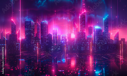 Futuristic Cyberpunk Smart Cityscape at Night, Metaverse Technology Innovation Hub with Neon Lights