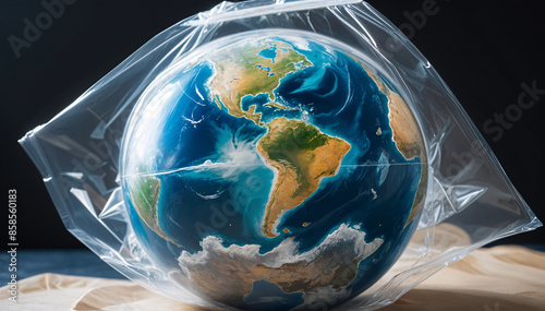 Earth in polyethylene plastic disposable package. Concept of pollution or global warming. Carbon and plastic pollution.