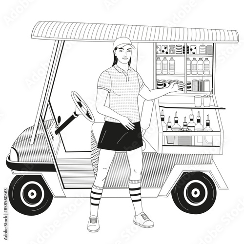 smiling golf club staff character African American female caddie with beverage golf car