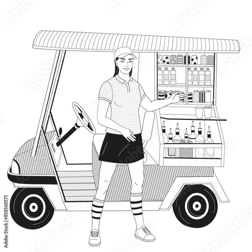 smiling golf club staff character 
female caddie with beverage golf car