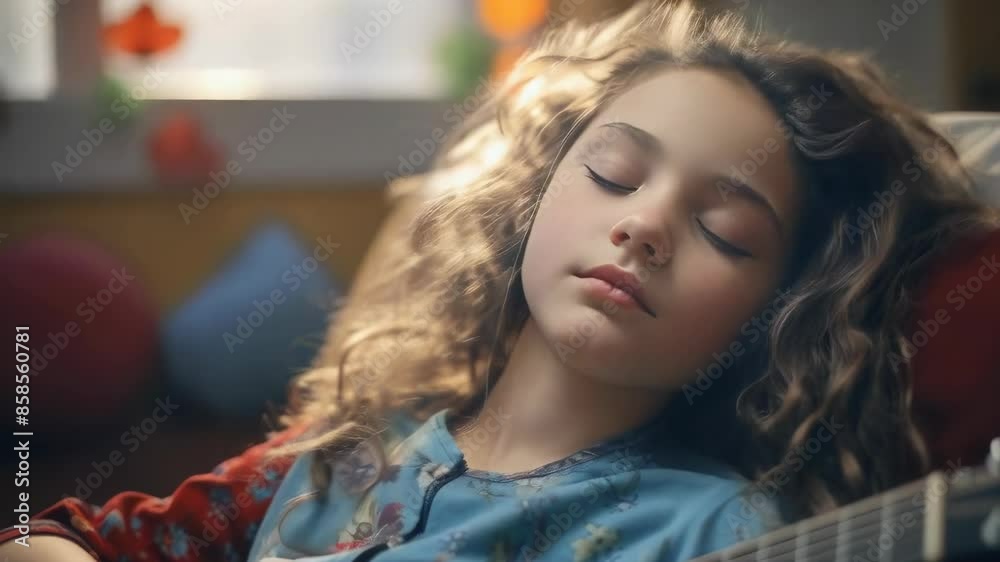 A young girl with curly hair, possibly of Caucasian ethnicity, is peacefully sleeping in a sunlit room. She is wearing a blue patterned top, and a guitar rests next to her. The mood is calm and serene A young girl with curly hair, possibly of Caucasian ethnicity, is peacefully sleeping in a sunlit room. She is wearing a blue patterned top, and a guitar rests next to her. The mood is calm and serene