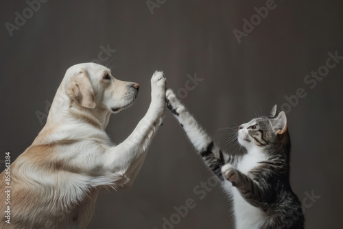 Dog and cat high fiving each other. Pets friendship