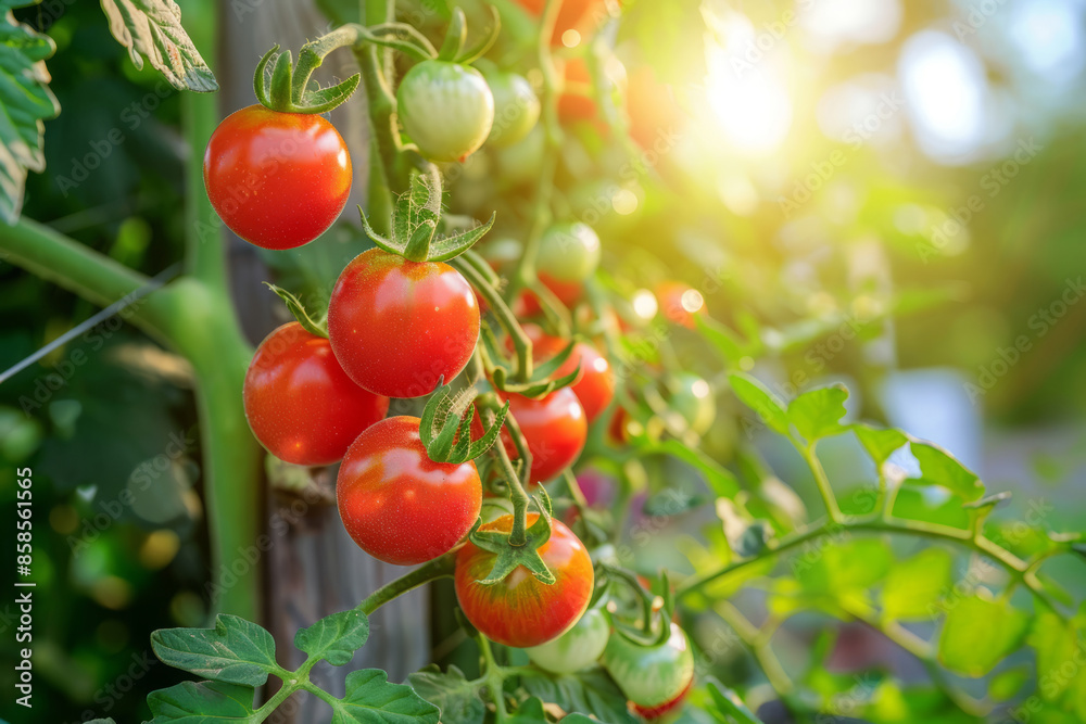 Ripe home grown tomatoes on branch. Healthy and fresh organic produce Ripe home grown tomatoes on branch. Healthy and fresh organic produce