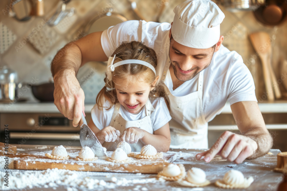 Father and his child baking in the kitchen surrounded by flour and bread Father and his child baking in the kitchen surrounded by flour and bread