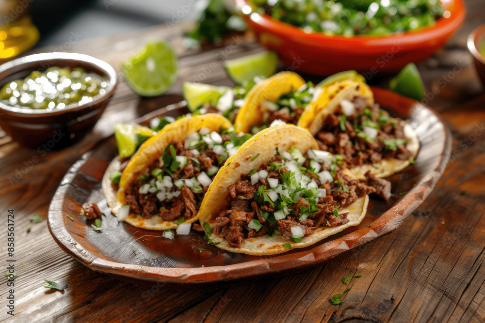 Zooming in on a A Plate of Mexican Beef Street Tacos on a Wooden Table Zooming in on a A Plate of Mexican Beef Street Tacos on a Wooden Table
