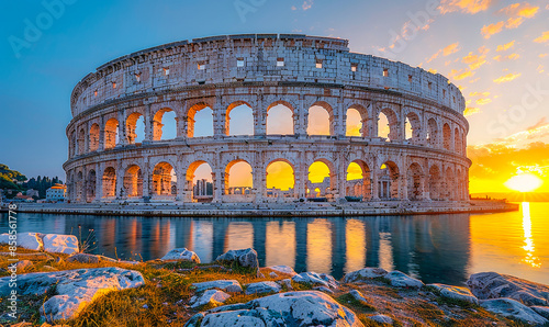 Majestic Pula Roman Amphitheater at Sunset Overlooking Adriatic Sea, Croatia, Ancient Architecture, Historic Landmark, Sunlit Ruins, Coastal View, Golden Hour, Cultural Tourism, Scenic Heritage