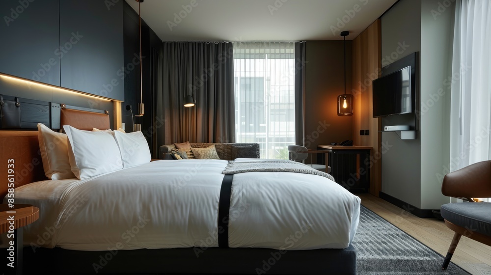 Cozy setup in stylish hotel room with space on wall Cozy setup in stylish hotel room with space on wall