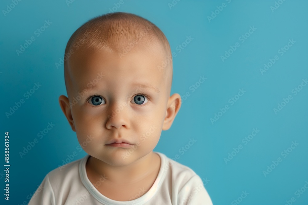 Cute cancer affected baby on blue background, Inspiring Photoshoot, Adorable Cancer Survivor Baby on Blue Background - Heartwarming Images.