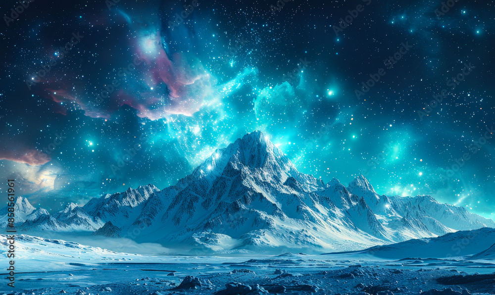 Naklejka premium Majestic Snow-Capped Rocky Mountains Under Vibrant Aurora Borealis in Night Sky, Perfect for Wallpapers and Copy-Space Designs