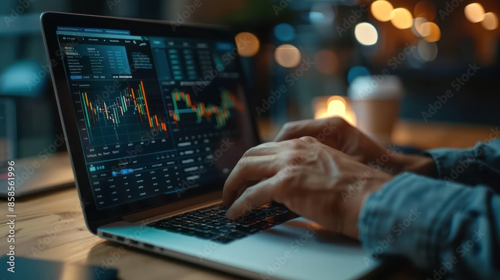 Businessman Analyzing Data on Laptop: Close-up of Male Hands Working on Graphs and Diagrams at Office Businessman Analyzing Data on Laptop: Close-up of Male Hands Working on Graphs and Diagrams at Office