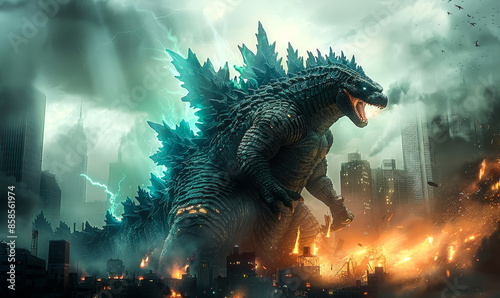 Godzilla Monster Attacks City in Fiery Destruction Scene During Thunderstorm photo