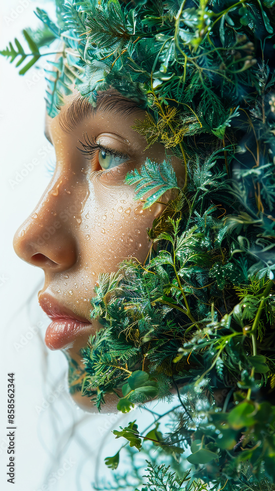 Enchanting Mother Nature Concept with Young Woman's Face Blended in Lush Green Foliage, Fresh Dew Drops, and Natural Beauty, Capturing Serenity and Environmental Harmony Enchanting Mother Nature Concept with Young Woman's Face Blended in Lush Green Foliage, Fresh Dew Drops, and Natural Beauty, Capturing Serenity and Environmental Harmony