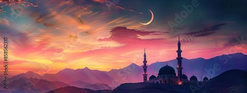 Islamic Background,Dome Mosques,Crescent Moon,Starry on Dark Blue Sky Background,Vetor symbol islamic religion with twilight sky,Banner Eid al Adha,Eid al fitr,Mubarak. AI generated illustration photo