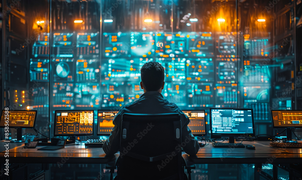 Technical Controller Monitoring Multiple Displays in System Control Center, Analyzing Technical Data on His Workstation at Night, Focused Alone in Modern High-Tech Environment Technical Controller Monitoring Multiple Displays in System Control Center, Analyzing Technical Data on His Workstation at Night, Focused Alone in Modern High-Tech Environment