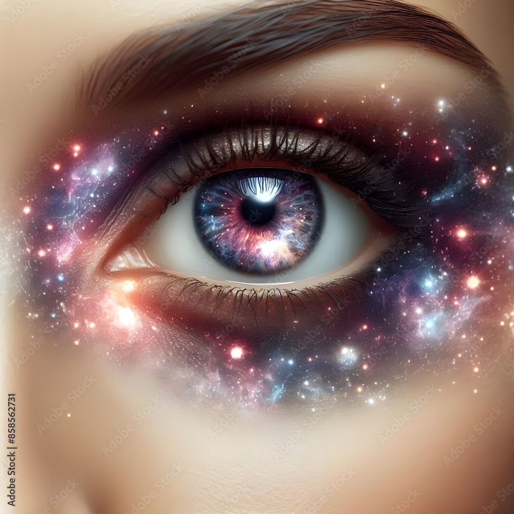 Close up of wide open human eye with galaxy reflection and glowing starry sky. Close up of wide open human eye with galaxy reflection and glowing starry sky.