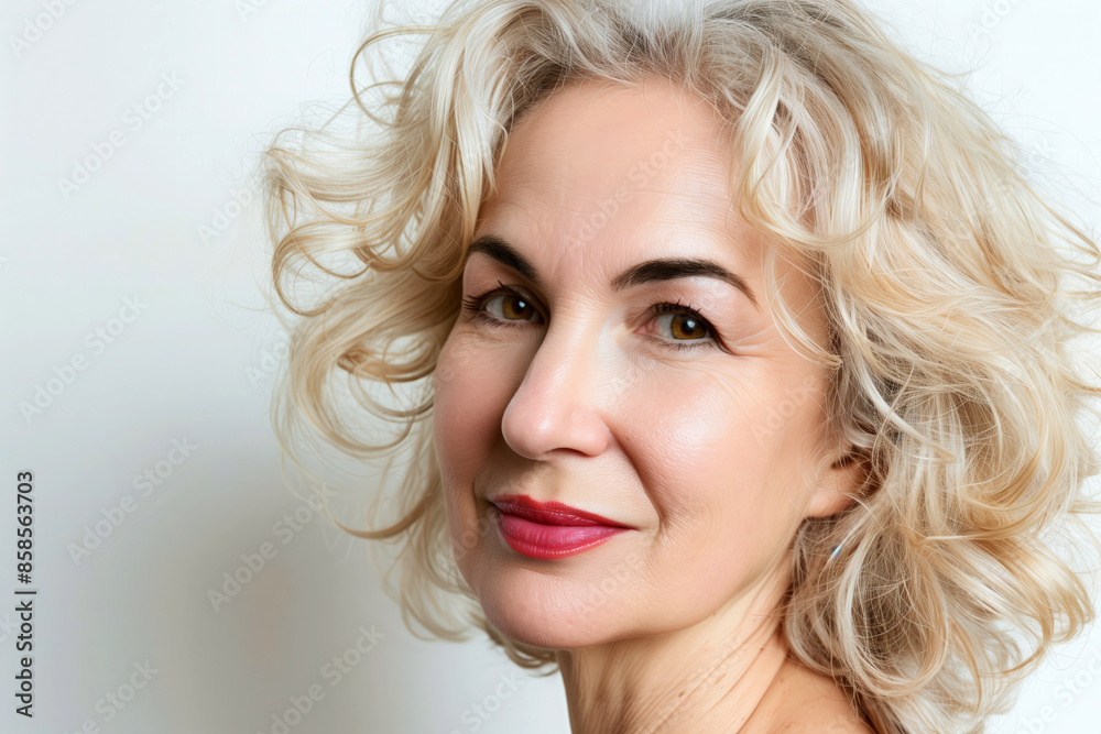 Senior woman, 50, in a close up portrait, focusing on facial skincare and beauty treatments Senior woman, 50, in a close up portrait, focusing on facial skincare and beauty treatments