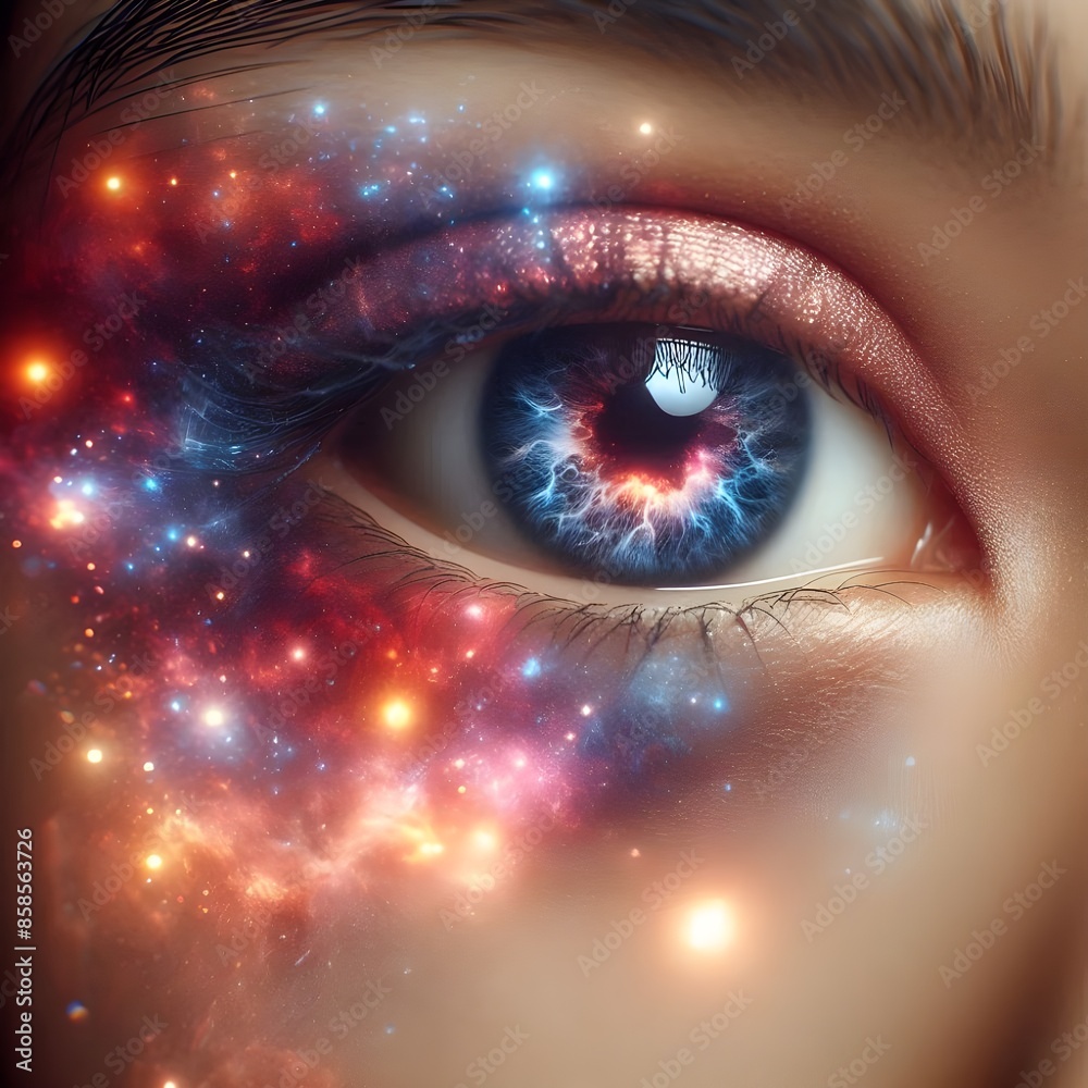 Close up of wide open human eye with galaxy reflection and glowing starry sky. Close up of wide open human eye with galaxy reflection and glowing starry sky.