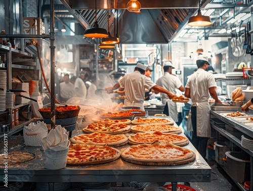 A bustling pizza restaurant with chefs tossing dough in an open kitchen,