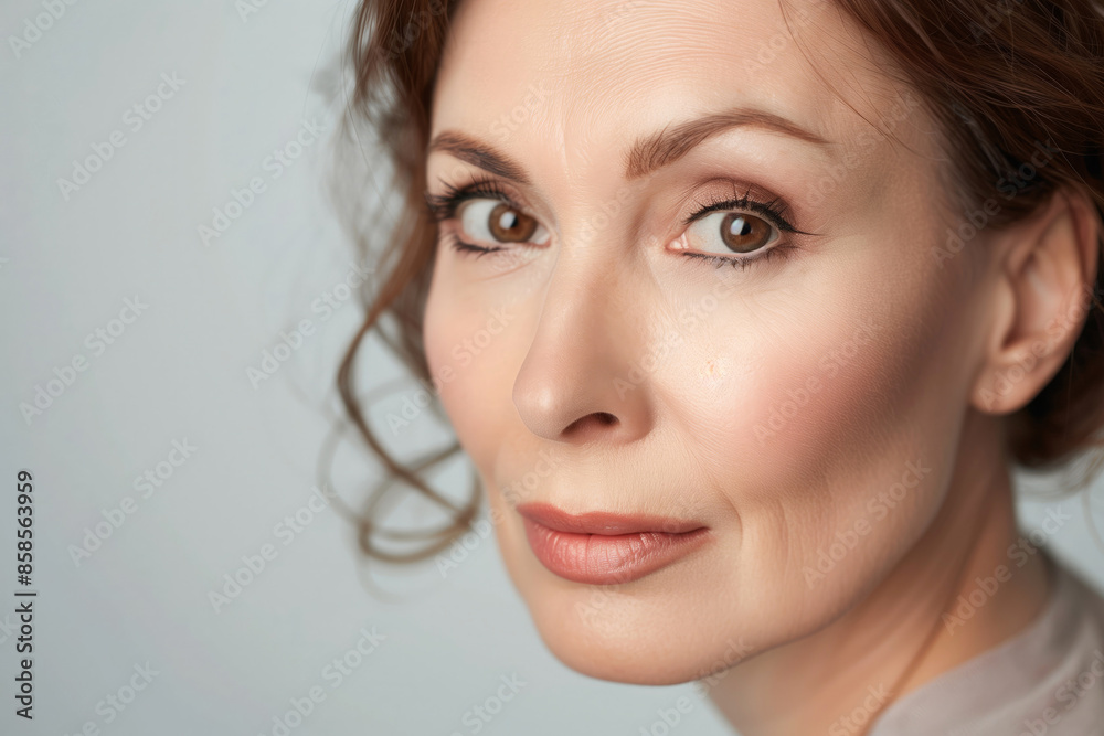 Fototapeta premium Portrait the beauty of a mature woman, showing off a healthy, soft facial skin, and beauty products