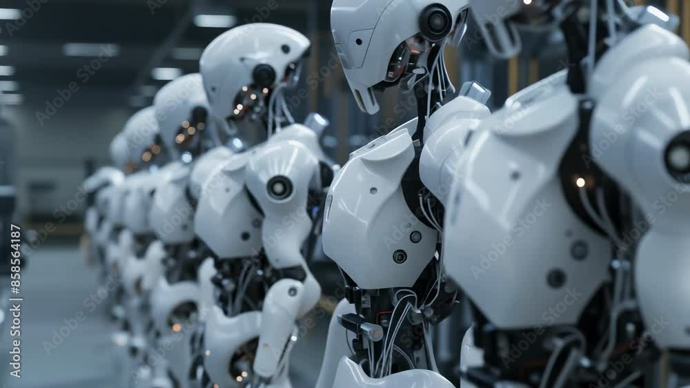 Row of advanced robots in an industrial setting Row of advanced robots in an industrial setting