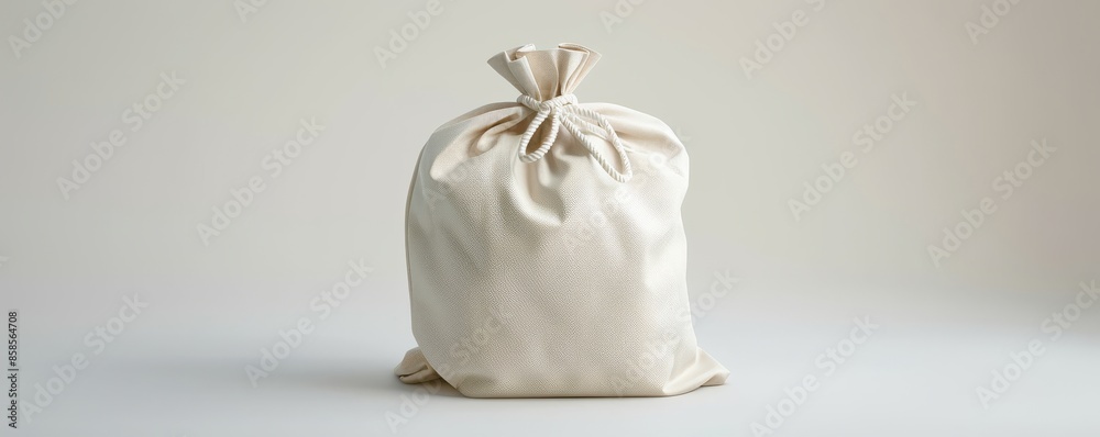 Beige fabric drawstring bag on a white background, studio shot. Simple packaging concept Beige fabric drawstring bag on a white background, studio shot. Simple packaging concept