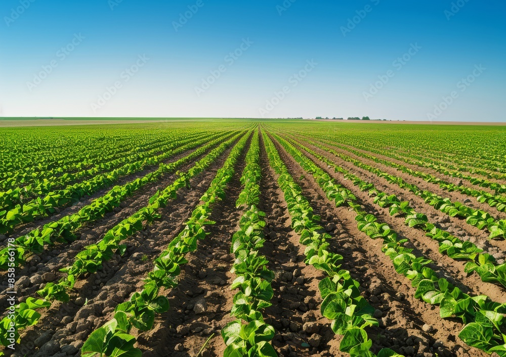 Rows of Green Crops Growing in a Field on a Sunny Day Rows of Green Crops Growing in a Field on a Sunny Day