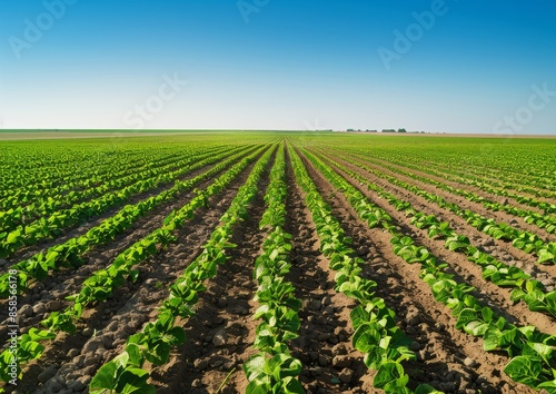 Rows of Green Crops Growing in a Field on a Sunny Day
