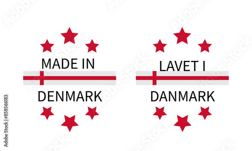 Made in Denmark labels in English and in Danish languages. Quality mark vector icon. Perfect for logo design, badges, tags, stickers, emblem, product package, etc