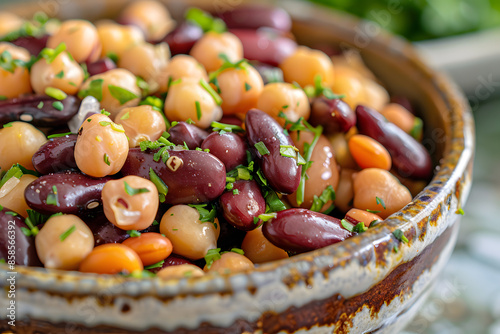 Close-up of a bowl of mixed beans, including kidney beans, chickpeas, and black beans, with a sprinkle of fresh herbs
