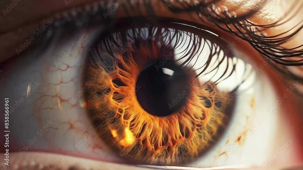 A close-up of a human eye shows a fiery orange iris with intricate details and a clear pupil. The image is sharp, capturing the eye's texture and mesmerizing colors. The photo is intense, striking,