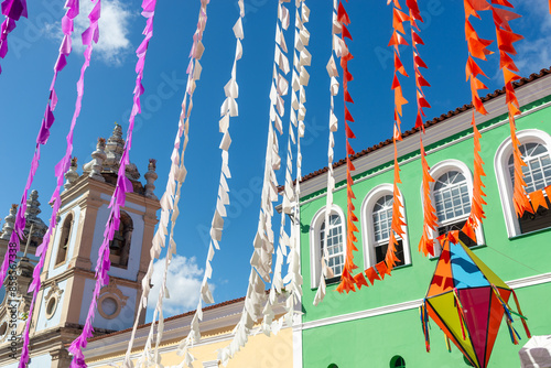 Flags and balloons in the decoration of Pelourinho for the Sao Joao festival. City of Salvador, Bahia. photo