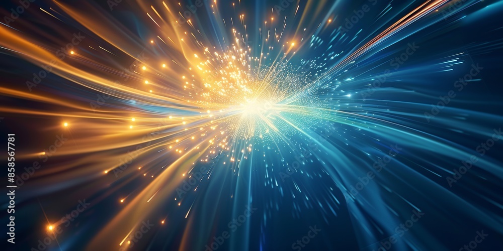 Fototapeta premium Blue light glow futuristic technology background with organic motion. blue and gold glowing abstract sun burst with digital lens.