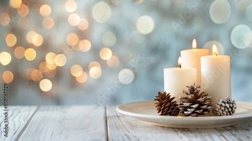 Cozy winter scene with lit candles and pinecones on a wooden table, glowing bokeh lights in the background, creating a warm holiday atmosphere.