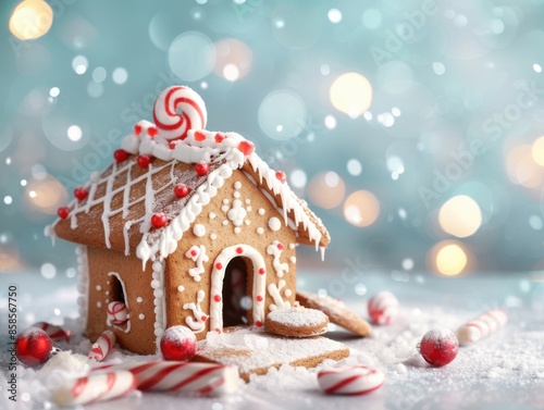 Festive gingerbread house with candy decorations on a snowy surface, sparkling lights in background, creating a magical holiday atmosphere.