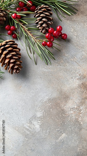 Festive holiday background with pine cones and red berries on a rustic concrete surface, perfect for seasonal and Christmas-themed projects.