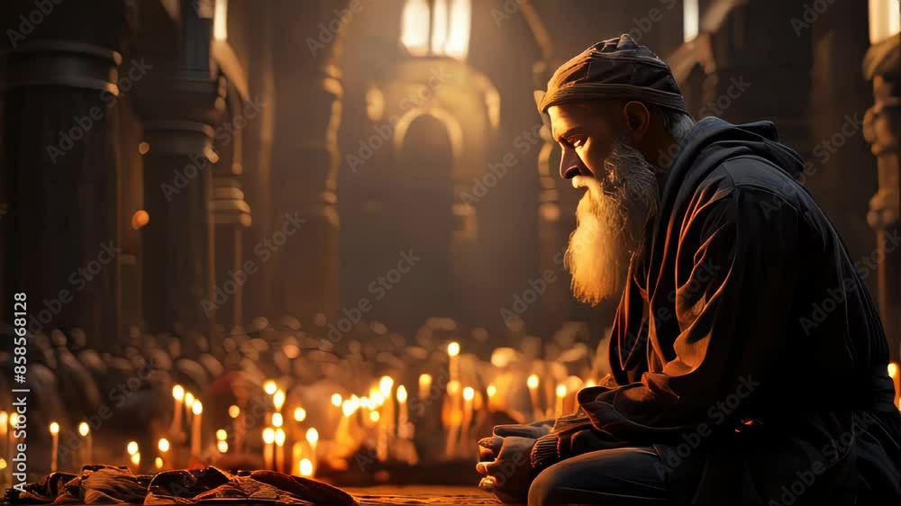 A Muslim Arab man prays in the temple of the mosque to God God and reads the Koran A Muslim Arab man prays in the temple of the mosque to God God and reads the Koran