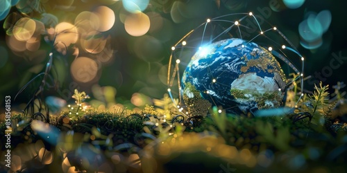 Satellite Networks Connect a Better Future, Sustainable Technology Concept with Earth Globe on Moss