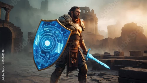 Male warrior warrior defender with a sword and a cyber shield in his hands, the concept of cyber security and data protection from hackers
