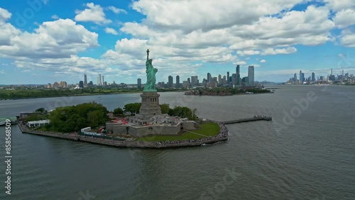 Aerial view Statue of Liberty in New York City, NY, USA. The Statue of Liberty over the Panorama of NYC. New York city skyline with statue of Liberty. The statue of Liberty and Manhattan.